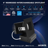 LUXRITE 4 Inch Recessed Light, Regressed Canless LED Spotlight, 5CCT 2700K-5000K, CRI90, 22W, 1700 Lumens High Output, 38º, Interchangeable Square Black Trim, Dimmable, IC & Wet Rated (4 Pack)
