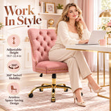 Pink Velvet Home Office Desk Chairs, Armless Vanity Chair with Wheels