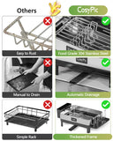 CosyPic Dish Racks, Thicker Premium 304 Stainless Steel Dish Drying Rack for Kitchen Counter, Automatic Drainage Spout, Dish Drainer & Drainboard Set with Utensil Holder and Cup Holder, Black