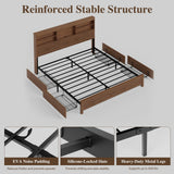 Uteeran Queen Size Bed Frame and Tall Headboard & Storage, Metal Platform Bed Frame with 4 Storage Drawers, Queen Bed Frame with LED Lights & Charging Ports, No Box Spring Needed, Noise-Free, Brown