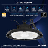 LUXRITE 100/120/150W UFO High Bay LED Shop Lights, Up to 22500 Lumens, 3CCT 3500K-5000K, 5FT Hardwire Cable, Surge Protected, IP65, 120-277V, UL - Warehouse Gym Factory Commercial Lighting 2-Pack