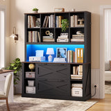 ADORNEVE Tall Farmhouse Bookshelf with Storage Drawers,Black & Walnut