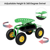 Garden Cart with Seat, Heavy Duty Gardening Work Stools w/Height Adjustable Seat & 10’’ Large Wheels