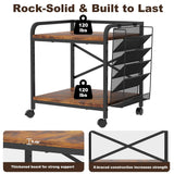 EasyCom Large Printer Stand with File Holder Organizer, Adjustable Height Shelf with Wheels, Rolling Printer Cart, Rustic Brown