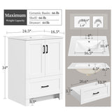 Yaheetech 24.5" Modern Bathroom Vanity with Ceramic Basin, Undermount Vanity Sink Cabinet with 2 Doors and 1 Drawer, Free Standing Bathroom Storage Cabinet with Sink Combo Set, White