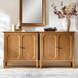 HULALA HOME Storage Cabinet with Adjustable Shelf, 2-Door Accent Sideboard with Solid Wood Legs and Vintage Metal Handles, Matte Finish(Teak,Set of 2)