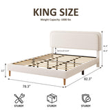 RENDGO King Size Bed Frame with 3- Level Height Adjustable Headboard - Plush Upholstered Platform Bed, No Box Spring Needed, Noise Free, Beige Finish for Master Bedroom and Guest Room
