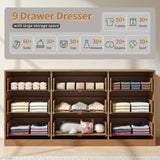 NOVAMAISON Fluted Dresser for Bedroom with 9 Drawer, 63” Wide Wooden Dresser Mid Century Chest of Drawers with Handle, Dressers TV Stand Storage Organizer for Bedroom, Living Room, Natural Wood