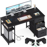 AODK 51 Inch Computer Desk with Fabric Drawers & USB Power Outlets, Reversible Home Office Desk with Storage Shelves, Work from Home