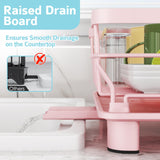 Dish Drying Rack - Space Saving Dish Rack - Dish Racks for Kitchen Counter with Drainboard,Rustproof Dish Drainer with Removable Utensil Holder, Pink