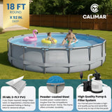 Heavy Duty Frame Above Ground Swimming Pool, CaliFun 18' Round 52" Tall – Rugged 30 mil Liner, Powder‑Coated HD Steel Frame, Easy Setup, Includes Pump, Sand Filter, Skimmer and Pool Cleaner