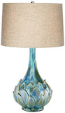 Possini Euro Design Kenya Modern Tropical Table Lamp with USB Dimmer 29 1/2" Tall Blue Green Glaze Ceramic Beige Linen Drum Shade for Bedroom Living Room House Home Bedside Nightstand Office Family