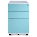 File Cabinet 3-Drawer Metal with Lock Key Sliding Drawer, White/Aqua Blue, Fully Assembled