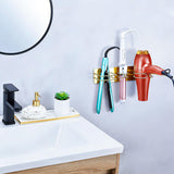 Oukimly Blow Dryer Holder Wall Mounted Curling Iron Holder, 3 in 1 Hair Tool Organizer for Straightener, Curling Iron, Hair Dryer Holder Adhesive Flat Irons Storage for Bathroom Barber Shop (Gold)