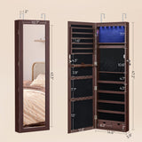 SONGMICS 6 LEDs Mirror Jewelry Cabinet, 47.2-Inch Tall Lockable Wall or Door Mounted Jewelry Armoire Organizer with Mirror, 2 Drawers, 3.9 x 14.6 x 47.2 Inches, Brown UJJC93K