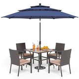 PHI VILLA 5pc Patio Dining Set with Umbrella, Square Table, Rattan Chairs