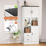Bigbiglife Farmhouse Kitchen Pantry Cabinet with LED Lights and Power Strip, Tall Kitchen Storage Cabinet, Kitchen Hutch with Microwave Stand & Barn Doors and Drawers for Dining Room (White)