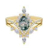 Oseew 2 pcs Vintage Unique Green Stone Wedding Ring 10k gold Natural Moss Agate Ring Set Natural Moss Agate Ring For women with teardrop design Mother's Day Valentine's Gift