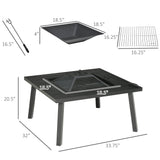 34" Fire Pit with Grill, Metal Outdoor Wood Burning Firepit with Spark Screen, Fire Poker, Cover, Table Lip, Black Outsunny