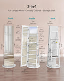 SONGMICS 6 LEDs Lockable Mirror Jewelry Cabinet, 360° Swivel Jewelry Organizer Armoire Standing, Frameless Full-Length Mirror, 3 Storage Shelves, White Surface, Greige Lining UJJC007W02V1