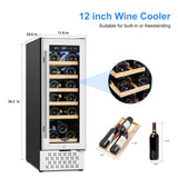 Tylza 12" Wine Cooler Refrigerator, 18 Bottles Capacity, Compact Freezerless, Temperature Stability, Low Noise, Double-Layer Tempered Glass Door