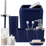 XLHOMO Navy Blue Bathroom Accessories Set, 9-Piece Plastic Gift Set with Trash Can, Toothbrush Holder, Toothbrush Cup, Soap Dispenser, Soap Dish, Toilet Brush Holder,2 Qtip Holder Dispensers and Tray