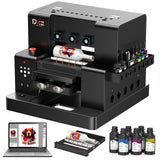 DXZ A4 UV Printer with Laptop,L805 UV Flatbed Printer Vacuum Platform & White Ink System – High-Resolution Flatbed Printing for Phone Cases, Bottles, Wood & More,2-Year Ink Included