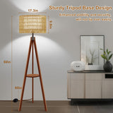 Rnyloas Boho Rattan Floor Lamp with Shelf & Bulb Included, Wicker Tripod Floor Lamp 3 Color Temperatures, Wood Rustic Tall Lamps with Foot Switch, Walnut Boho Standing Lamps for Living Room Bedroom