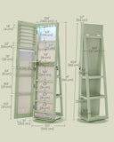 SONGMICS 6 LEDs Lockable Mirror Jewelry Cabinet, 360° Swivel Jewelry Organizer Armoire Standing, Frameless Full-Length Mirror, 3 Storage Shelves, Laurel Green Surface, Cream White Lining UJJC007C01