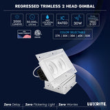 LUXRITE 2-Head Regressed Trimless Gimbal LED Recessed Spotlight, 360°+15° Swivel Rotation, 5CCT 2700K-5000K, CRI90, 30W, 2000 Lumens, 60° Beam, Rectangle White, Dual Dimmable, IC & Wet Rated (4 Pack)