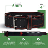 Weight lifting Belt (6mm Thick) - Genuine leather, offering back support. Double-pronged buckle, ideal for weightlifting, powerlifting, squats and deadlifts(Red M)