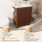 VNN 24 Inch Bathroom Vanity with Ceramic Sink - Freestanding Storage Cabinet with Fluted Design, Soft-Close Doors and Shelves, Compact Modern Storage for Small Bathrooms/Powder Rooms, Walnut