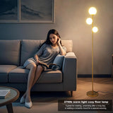 Fiqevs 3 Globe Floor Lamp Mid Century Modern, Gold Standing Lamp with Frosted Glass Shade & LED Bulbs, Tall Pole Light with Foot Switch for Living Room Bedroom Office - Antique Brass