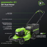 Greenworks 48V (2 x 24V) 20" Brushless Cordless (Push) Lawn Mower (LED Headlight), (2) 4.0Ah Batteries and Dual Port Rapid