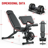 XDDIAS Workout Bench, Adjustable Weight Bench with Leg Extension and Leg Curl, Extended Headrest, 900LBS Preacher Curl Bench Incline Decline Flat Workout Bench with A Pair of 55LB Adjustable Dumbbells