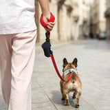 Cute Dog Poop Bag Holder with Hook-and-Loop Attachment, Double Layer Fabric Waste Bag Dispenser for Leashes, Includes Starter Roll for Easy Pet Cleanup (Navy Blue)