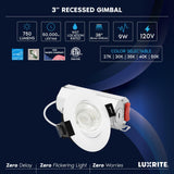 LUXRITE 3-Inch Gimbal LED Recessed Lighting, 5 Color Selectable 2700K-5000K, 9 Watts, 750 Lumens, Adjustable 360º + 30º Swivel Spotlight, Dimmable, CRI90, IC & Wet Rated, ETL, White (12 Pack)
