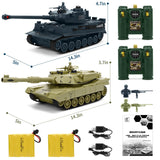 JECAURS RC Battle Tank Set 1/28 Scale Remote Control Tank with Infrared Shoot, Sounds, Lights, M1A2 Abrams & WW2 German Tiger Army Tanks Military Toy for Kids Aged 6 to 12