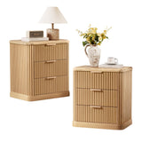 Lerivos Modern Fluted Nightstand Set of 2 with 3 Drawers, 22.8" Wide Wooden Bedside Table in Natural Oak, Faux Marble Top, Metal Handle, Curved Silhouette Design for Bedroom, Living Room, Office