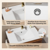 VNN 24 Inch Bathroom Vanity with Ceramic Sink - Freestanding Storage Cabinet with Fluted Design, Soft-Close Doors and Shelves, Compact Modern Storage for Small Bathrooms/Powder Rooms, Walnut