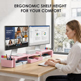 OPNICE Desk Organizers and Accessories, Dual Monitor Stand Riser with Drawer and 2 Pen Holders, Desk Shelf Computer Racks & Printer Stand for Office Workspace Organizers, Desktop Organization (Light Pink)