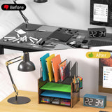 DAOUTIME 4-Tier Mesh Desk Organizer, Wooden Desk File Organizer with 5 Vertical File Holders and 2 Pen Holders, Desktop Organizers and Accessories with Drawer for Home Office