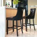 MOOLSUN Set of 4 Blue Velvet Bar Stools - Classic Fixed Height Design with Button Tufted Seat, Solid Wood Frame & Chrome Nailheads, Perfect for Standard Kitchen Island & Home Bar,Black(Wood Leg)