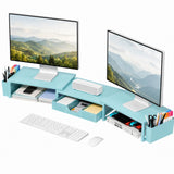 Desk Organizers and Accessories, Dual Monitor Stand Riser with Drawer and 2 Pen Holders, Desk Shelf Computer Racks & Printer Stand for Office Workspace Organizers, Desktop Organization (Blue)