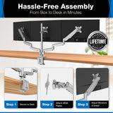 Mount-It! Triple Monitor Mount with Gas Spring Arms, Fits 24–32 Inch Screens, USB & Audio Ports, Full Motion Desk Stand with Tilt, Swivel & Rotation, Heavy Duty Silver 3 Screen Arm with Clamp