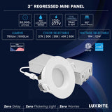 LUXRITE 3 Inch LED Recessed Light, Regressed Mini Panel Spotlight, 5CCT 2700K-5000K, 9/12 Watt, 750/1000 Lumens, Dual Dimmable (TRIAC & 0–10V), 90° Beam, Wet Rated, ETL Listed (6 Pack)