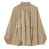 Talakeno Womens Puffed Bomber Jacket Casual Batwing Sleeve Lapel Collar Zip Shirts Oversized Pleated Streetwear Jackets(Khaki,S)