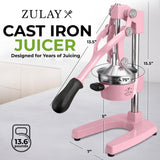 Zulay Kitchen Cast-Iron Orange Juice Squeezer - Heavy-Duty, Easy-to-Clean, Professional Citrus Juicer - Durable Stainless Steel Lemon Squeezer - Sturdy Manual Citrus Press & Orange Squeezer (Pink)