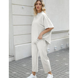 SeeLuNa Women's Two Piece Outfits 3/4 Batwing Sleeve Capelet Crew Neck Pullover Top Wide Leg Pants Lounge Set(Light Gray,S)