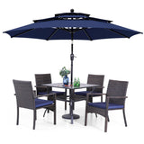 PHI VILLA 5pc Patio Dining Set with 10ft Blue Umbrella, 4 Rattan Chairs